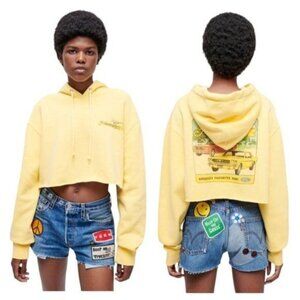 Re/Done Womens Cropped Hoodie Sweatshirt Ford Mustang Long Sleeve Yellow XS/S